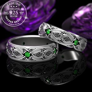 Emerald + Sterling Matching Wedding Ring Set, Matching Emerald Celtic Rings, Celtic Couples Ring Set, Matching Wedding Bands, 1816 1817