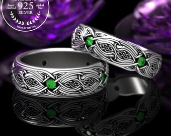 Emerald + Sterling Matching Wedding Ring Set, Matching Emerald Celtic Rings, Celtic Couples Ring Set, Matching Wedding Bands, 1816 1817