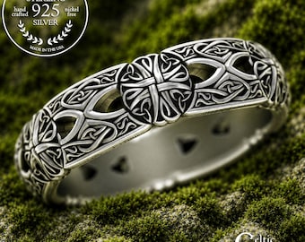 Sterling Celtic Cross Wedding Band, Silver Holy Trinity Ring, Irish Knotwork with Cross and Hearts, Woven Scottish Knotwork Ring, 3267
