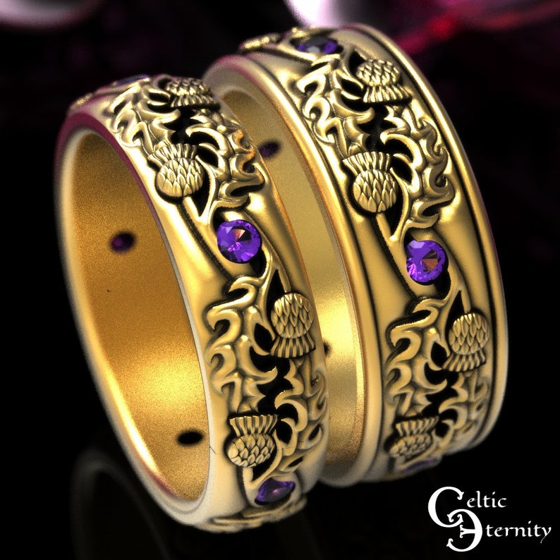 Gold Amethyst Thistle Ring Set, Gold Thistle Wedding Bands, Amethyst Celtic Wedding Ring Set, 10K Gold Irish Wedding Ring Set, 1935 1936 image 4