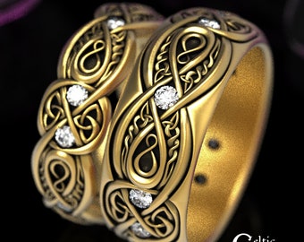 Gold + Moissanite Celtic Matching Rings, Infinity Wedding Band Set, Gold Celtic Wedding Bands, Wedding Ring Set, Gold Ring Set, 1411 1642