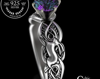 Alexandrite Woman's Welsh Rabbit Engagement Ring, Sterling Amethyst Honey Bunny Wedding Ring, Ruby Round Prong Head Solitaire Ring, 3184