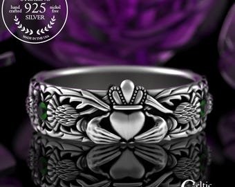 Emerald Thistle Claddagh Ring, Sterling Sapphire Thistle Union Ring, Women's Thistle Wedding Band, Silver Alexandrite Heart Hands Ring, 3244
