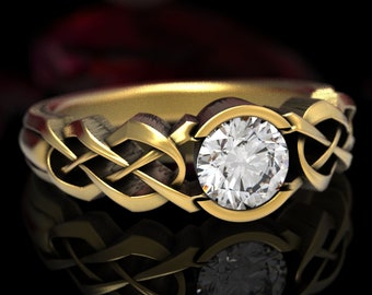 Celtic Moissanite Engagement Ring, Gold Celtic Knot Ring, Moissanite Solitaire Ring, Womens Moissanite Ring, 10K 14K 18K Gold Platinum, 414