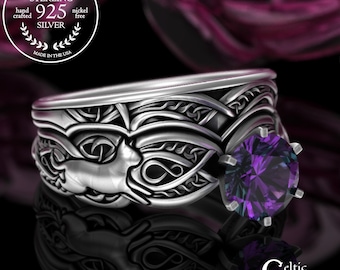 Alexandrite Cat Engagement & Fitted Accent Ring Set, Sterling Bridal Irish Kitten, Matching Solitaire Wedding Set, Bride Chevron, 3273 1971
