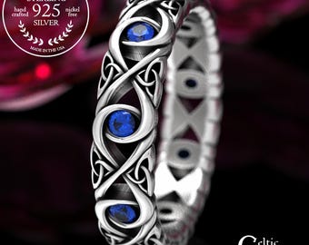 Womens White Gold & Sapphire Wedding Ring, 10K White Gold Celtic Wedding Band, 10K White Gold Sapphire Irish Ring, 18K White Gold Ring, 1409