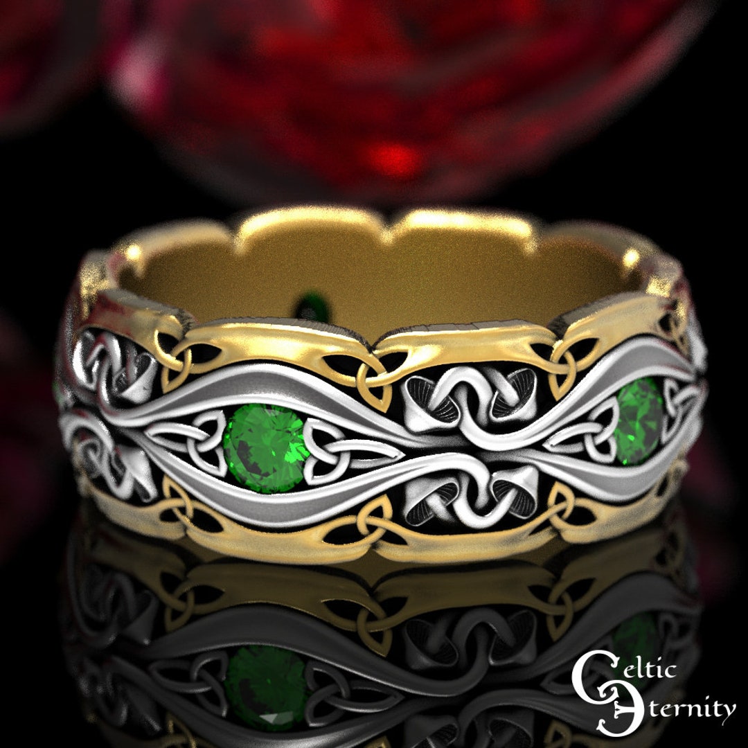 Mens Mushroom Ring, 2tone Emerald Mushroom Ring, Wide Mushroom Ring