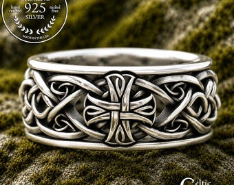 Sterling Celtic Cross Ring, Irish Wedding Band, Mens Celtic Wedding Band, Irish Cross Ring, Celtic Knotwork Ring, Silver Cross Ring, 1856