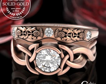 Rose Gold Thistle Engagement Ring Set, Moissanite Scottish Engagement Ring, 10K 14K 18K Platinum, Rose Gold Irish Wedding Ring Set, 405 1775
