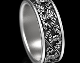 Classic Thistle Wedding Band, Sterling Silver Scottish Thistle Ring, Silver Celtic Wedding Band, Thistle Wedding Ring, Thistle Flower, 1780