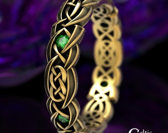 Gold Tribal Knotwork Ring, Gold Emerald Wedding Ring, Tribal Wedding Band, Womans Tribal Ring, Narrow Women Ring, Unique Gold Ring, 1598