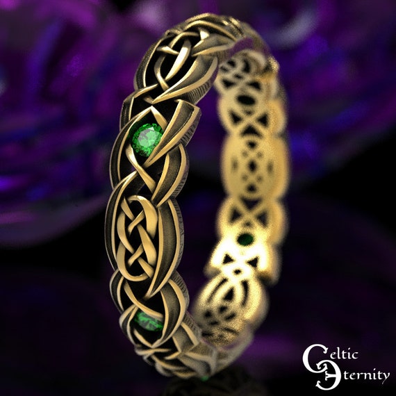 Gold Tribal Knotwork Ring, Gold Emerald Wedding Ring, Tribal Wedding Band, Womans Tribal Ring, Narrow Women Ring, Unique Gold Ring, 1598