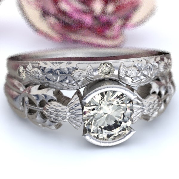 Scottish Engagement Ring, Thistle Engagement Set, Moissanite Engagement