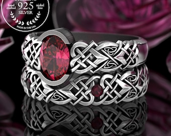 Fitted Ruby Engagement Ring Set, Sterling Matching Celtic Wedding Ring Set, Silver Ruby Irish Wedding Band, Ruby Bridal Ring Set, 3018 3017