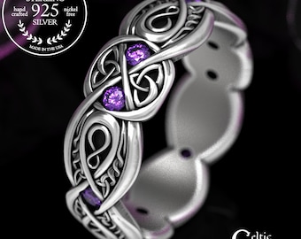 Sterling Silver & Amethyst Trinity Band, Celtic Infinity Knotwork Wedding Ring, Elegant Irish Handfasting Gemstone Ring, 1411