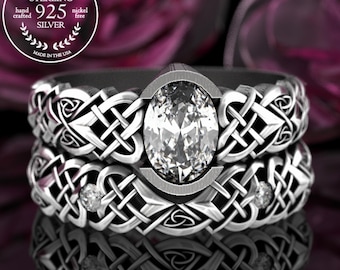 Stacked Bridal Ring Set, Sterling Moissanite Matching Engagement Rings, Silver Celtic Wedding Ring Set, Irish Heart Engagement, 3018 3017