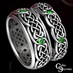 His Hers Wedding Ring Set, Matching Emerald Rings, Sterling Silver Matching Ring Set, Wedding Band Matching, Celtic Ring Set, 1584 1582