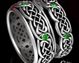 His Hers Wedding Ring Set, Matching Emerald Rings, Sterling Silver Matching Ring Set, Wedding Band Matching, Celtic Ring Set, 1584 1582