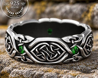 Emerald Interlocking Hearts Irish Wedding Ring, Amethyst Moissanite Garnet Celtic Braided Ring, Silver Woven Intwined Heart Band, 2008