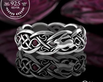 Ruby Rabbit Ring, Sterling Rabbit Ring, Rabbit Wedding Band, Celtic Rabbit Ring, Hare Ring, Silver Rabbit Wedding Ring, Ruby Bunny Ring 4682
