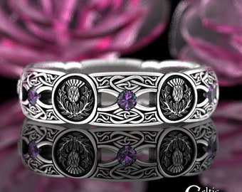 Alexandrite Scottish Thistle Wedding Ring, Sterling Celtic Thistle Ring, Women Alexandrite Wedding Band, Alexandrite Irish Wedding Ring 4408