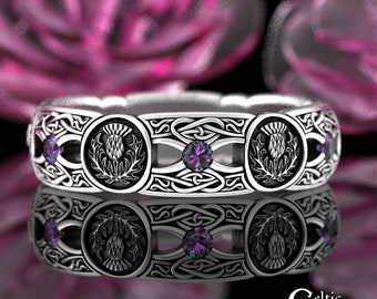 Alexandrite Scottish Thistle Wedding Ring, Sterling Celtic Thistle Ring, Women Alexandrite Wedding Band, Alexandrite Irish Wedding Ring 4408