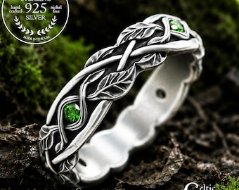 Women's Emerald Woven Leaf & Vine Ring, Sterling Sapphire Braided Leaves Wedding Band, Botanical Nature Inspired Forest Marriage Ring, 2052