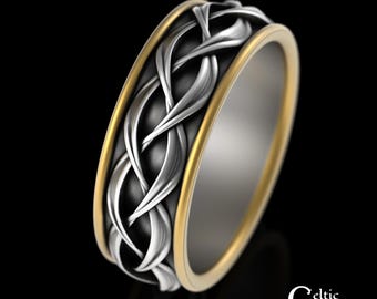 2-Tone Classic Groom Celtic Wedding Band, Sterling + 10K Gold Trinity Irish Ring, Bi-Color Simple Scottish Man Handfasting Ring, 4050