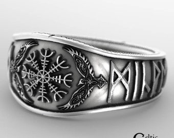 Sterling Viking Ring, Odin Ring, Norse Raven Ring, Helm of Awe Ring with Custom Runes, Mens Wedding Band, Rune Ring, Viking Wedding, 1157