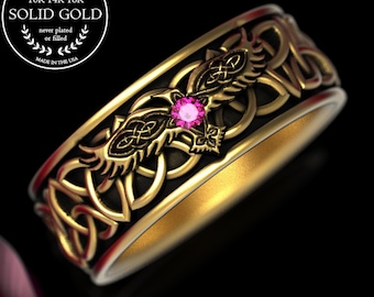 Gold Celtic Raven Ring with Ruby, Men's Gold Wedding Band, Gold Raven Handfasting Ring, Norse Viking Raven Ring in Gold, Irish Wedding, 1696