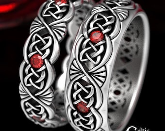 Ruby Matching Wedding Band, Matching Sterling Silver Ring Set, His Hers Celtic Wedding Rings, Ruby & Sterling Ring Set, 1579 1580