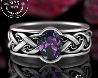 Men's Modern Celtic Engagement Ring, Sterling Alexandrite Irish Groom Proposal Ring, Emerald Men's Oval Bezel Statement Ring in Silver, 3318