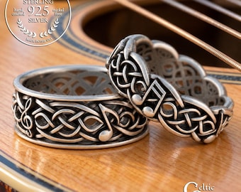 Matching Musical Ring Set, Sterling Silver Matching Music Rings, Sterling Orchestra Rings, Celtic Music Wedding Ring Set, 1207 1715