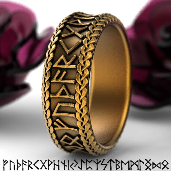 Gold Nordic Rune Ring, Viking Rune Wedding Band, Magical Jewelry, Rune Jewlery, Norse Ring, Made in 10K 14K 18K Gold or Platinum 1791