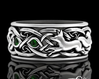 Mens Fox Ring, Emerald Fox Wedding Ring, Sterling Fox Wedding Ring, Mens Fox Wedding Band, Celtic Fox Wedding Ring, Sterling Fox Ring, 4243