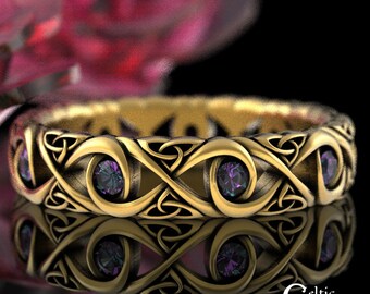 Womens Alexandrite Wedding Band, Alexandrite Celtic Wedding Band, 10K Gold Alexandrite Ring, 14K Alexandrite Celtic Wedding Ring, 1409