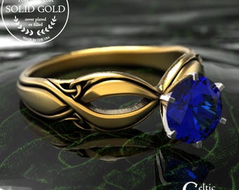Sapphire & Gold Welsh Engagement Ring, Scottish 10K Solitaire Ring, 14K White Gold Celtic Bride Wedding Ring, Platinum Knotwork Ring, 1994