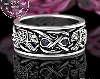 Alexandrite Bear Wedding Band, Sterling Silver Knotwork Ring, Men Scottish Bear Ring, Bear Wedding Ring, Silver Alexandrite Irish Ring, 3095