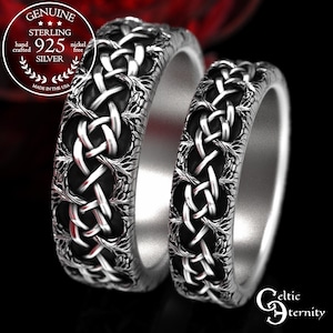 Matching Forest Wedding Ring Set, Sterling Tree Knotwork Rings, Silver Celtic Botanical Marriage Rings, Pagan Druid Handfasting, 2044 2043