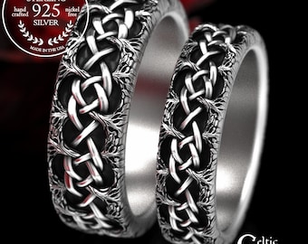 Matching Forest Wedding Ring Set, Sterling Tree Knotwork Rings, Silver Celtic Botanical Marriage Rings, Pagan Druid Handfasting, 2044 2043