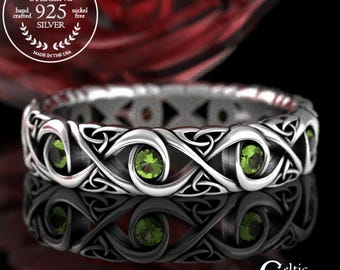 Peridot Wedding Ring, Sterling Celtic Womens Ring, Peridot Celtic Ring, Peridot Irish Ring, Peridot Infinity Ring, Silver Peridot Ring, 1409