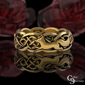 Gold Bridal Fox Wedding Band, 10K Gold Celtic Fox Ring, 10K White Gold Fox Wedding Ring, 14K Womens Irish Fox Ring, Trinity Knot Ring, 3195