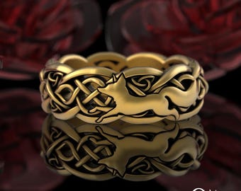 Gold Bridal Fox Wedding Band, 10K Gold Celtic Fox Ring, 10K White Gold Fox Wedding Ring, 14K Womens Irish Fox Ring, Trinity Knot Ring, 3195