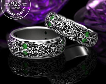 Matching Emerald Ring Set, Sterling Celtic Wedding Ring Set, Celtic Matching Wedding Rings, Irish Matching Ring Set, Ring Set, 1468 1804