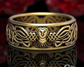 Gold Owl Wedding Band, Owl + Vine Knotwork Ring, Celtic Owl Ring, Celtic Wedding Ring, Unique Mens Wedding Band, Platinum Owl Ring, 1499