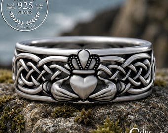 Mens Wide Claddagh Wedding Band, Sterling Irish Groom Heart Ring, Silver Scottish Wedding Ring, Woven Knotwork & Crown Hands Chladaigh, 3224