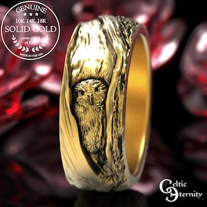 Gold Owl Ring, Owl Wedding Band, Barn Owl Ring, Gold Wedding Ring for Her, Platinum Wedding Band, Owl Lovers Ring, Nature Wedding Ring, 1792