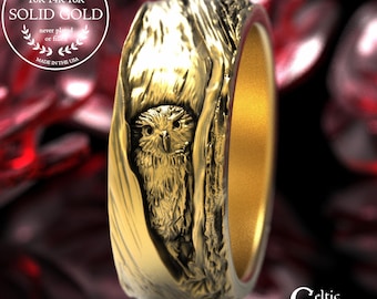Gold Owl Ring, Owl Wedding Band, Barn Owl Ring, Gold Wedding Ring for Her, Platinum Wedding Band, Owl Lovers Ring, Nature Wedding Ring, 1792