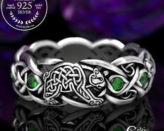 Emerald Bear Ring, Sterling Silver Bear Ring, Celtic Bear Ring, Celtic Wedding Band, Celtic Animal Ring, Celtic Emerald Wedding Band, 1682