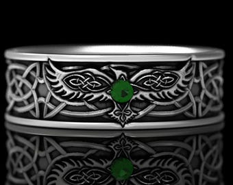 Sterling Raven Ring with Emerald, Viking Wedding Band, Mens Wedding Band, Raven Jewelry, Crow Ring, Bird Ring, Celtic Wedding Ring, 1164